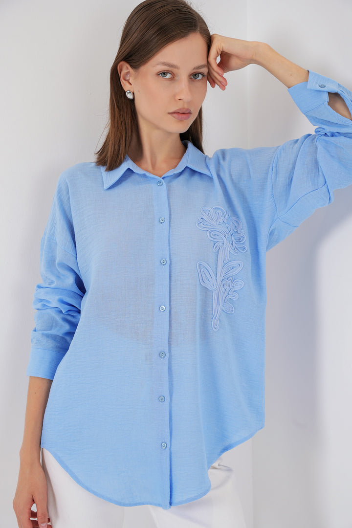 BGD Women Kadın Nakışlı Oversize Gömlek 20338 - Mavi - Shrewsbury