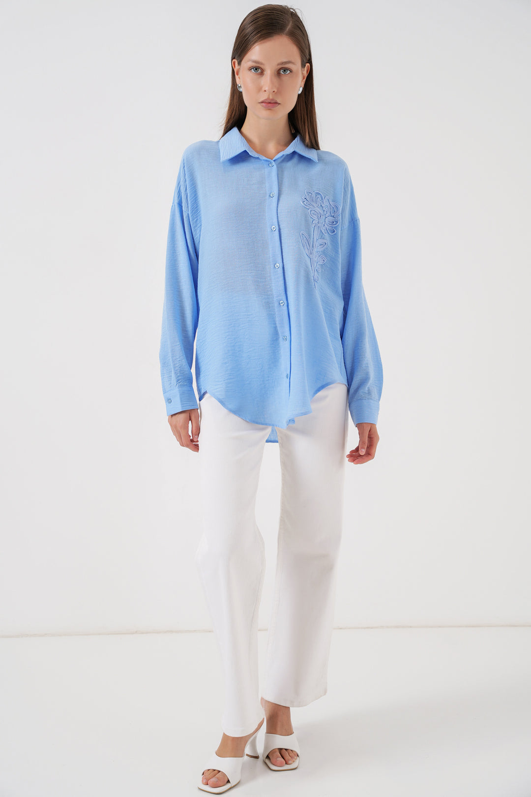 BGD Women Kadın Nakışlı Oversize Gömlek 20338 - Mavi - Shrewsbury