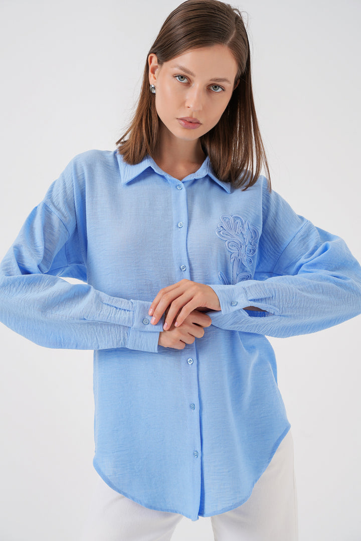 BGD Women Woman Embroidered Oversized Shirt 20338 - Blue - Guarda
