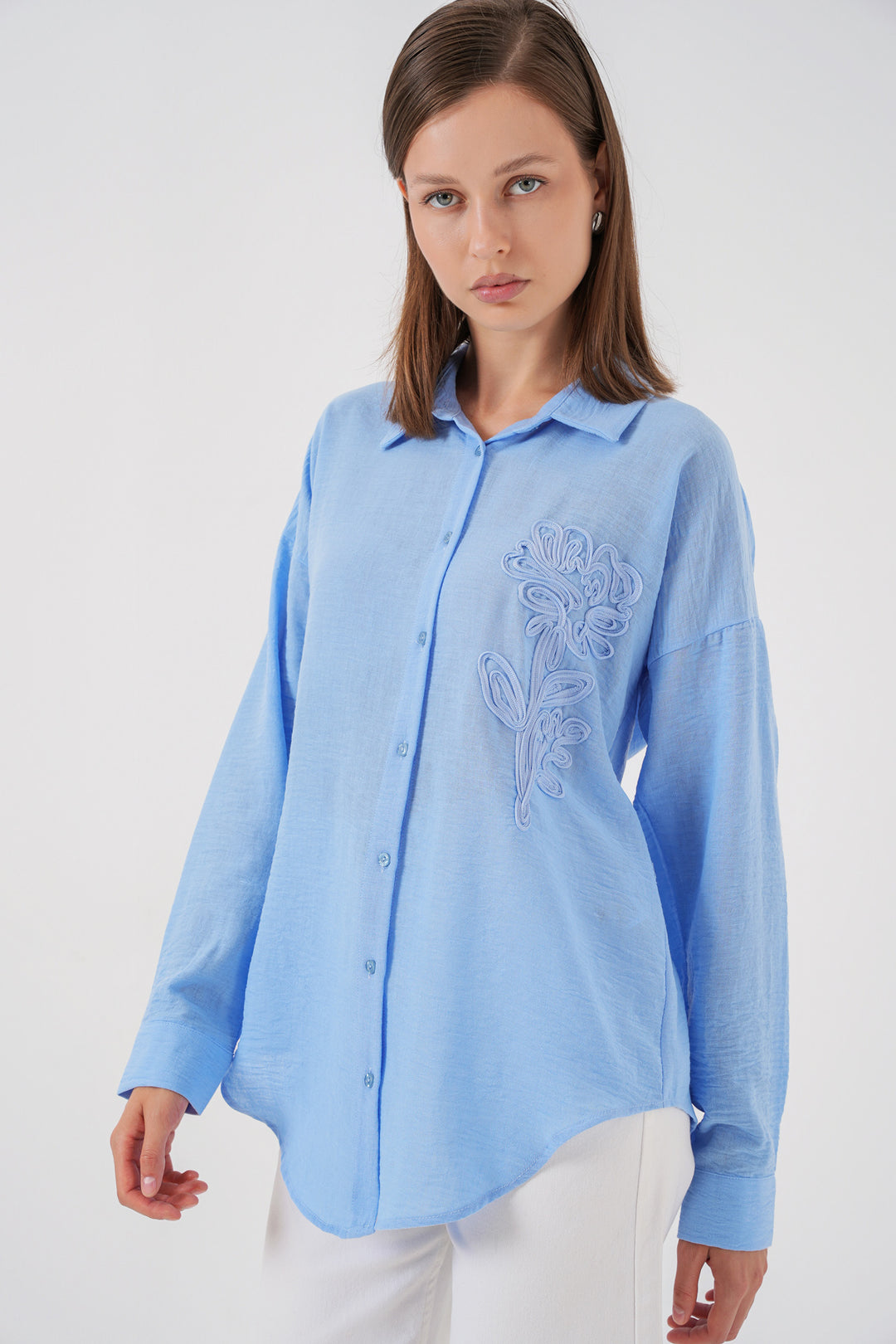 BGD Women Kadın Nakışlı Oversize Gömlek 20338 - Mavi - Shrewsbury