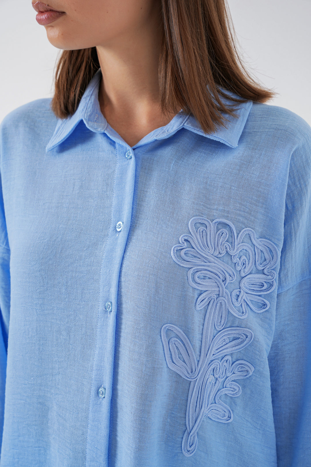 BGD Women Kadın Nakışlı Oversize Gömlek 20338 - Mavi - Shrewsbury