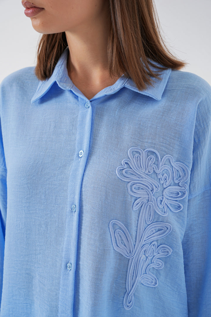 BGD Women Kadın Nakışlı Oversize Gömlek 20338 - Mavi - Shrewsbury