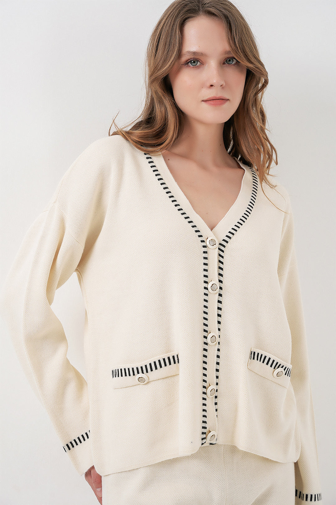 BGD Women Woman Embroidered Knit Cardigan Pants Set 15963 - Ecru - Concord