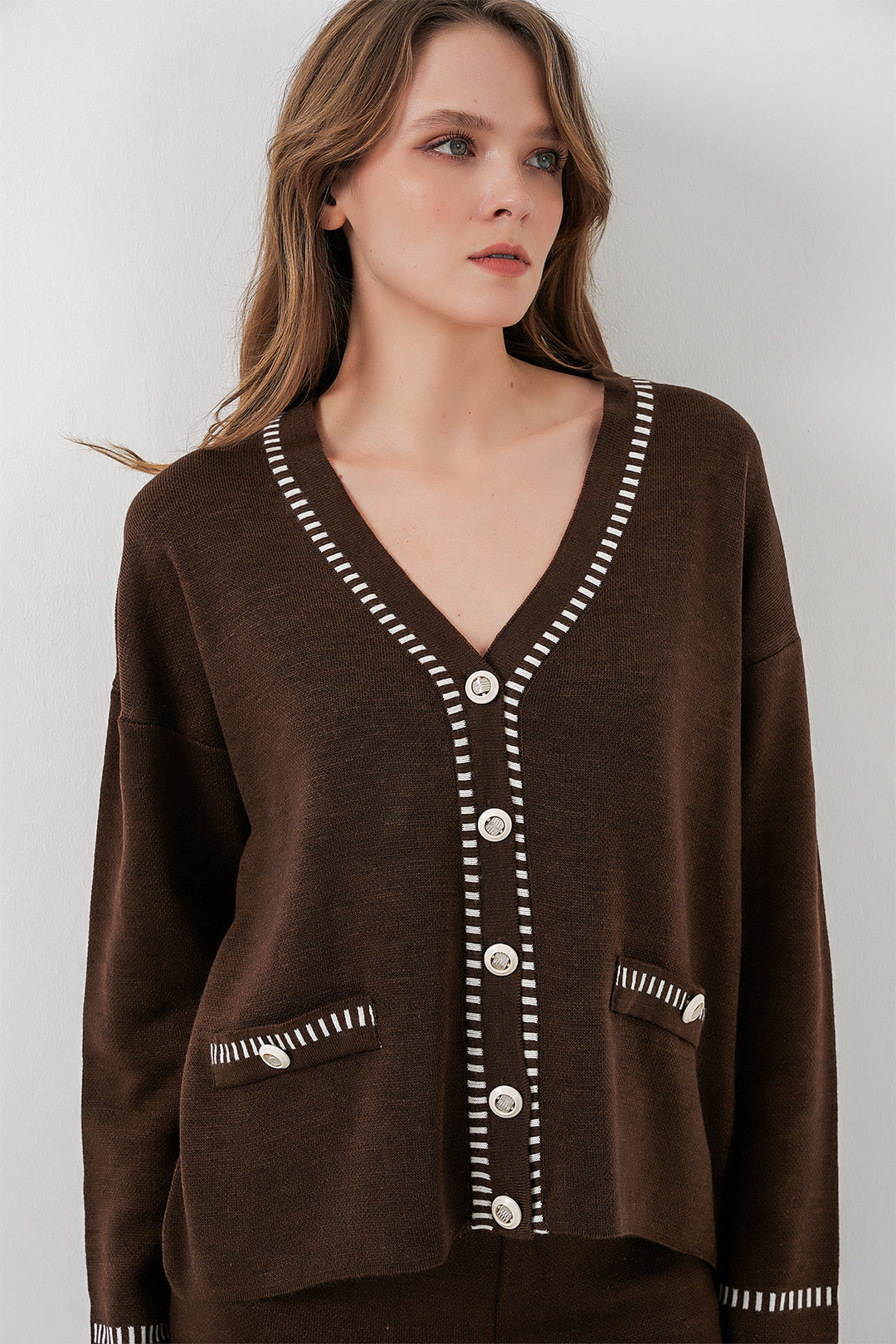 BGD Women Woman Embroidered Knit Cardigan Pants Set 15963 - Brown - Shawinigan