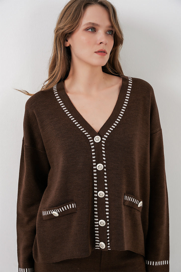 BGD Women Woman Embroidered Knit Cardigan Pants Set 15963 - Brown - Shawinigan