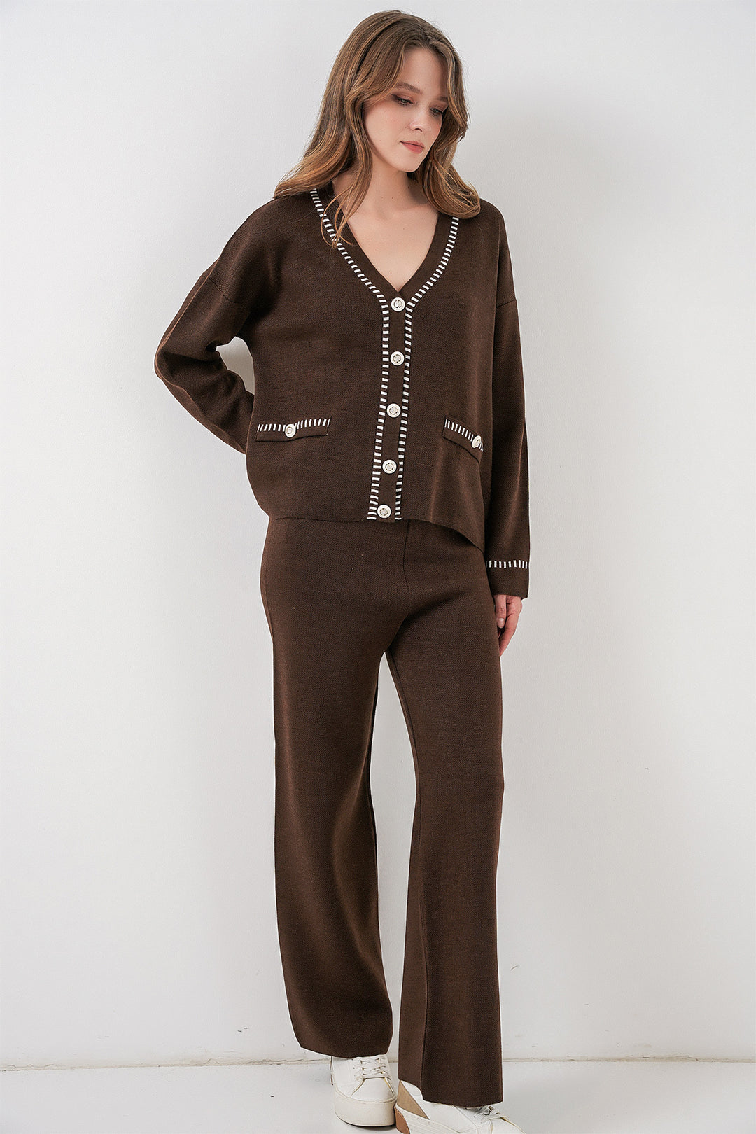 BGD Women Woman Embroidered Knit Cardigan Pants Set 15963 - Brown - Shawinigan