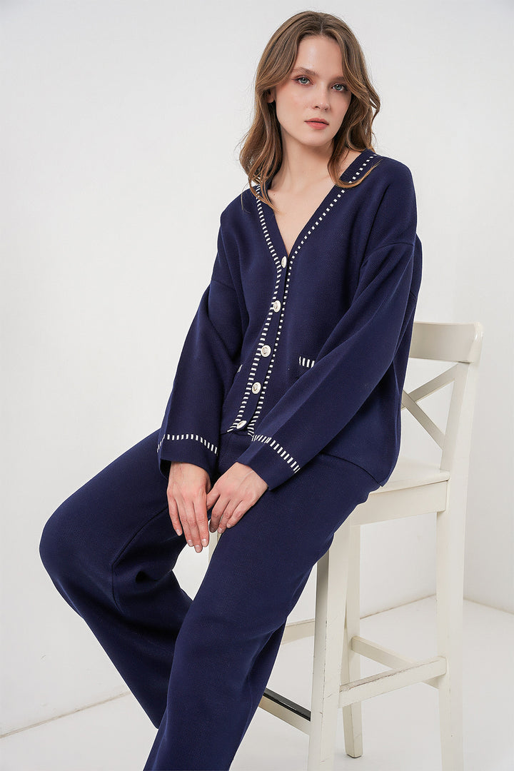 BGD Women Women's Embroidered Knit Cardigan Pants Set 15963 - Navy - Le Cannet