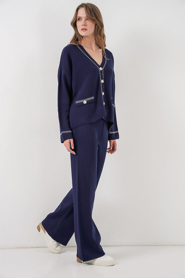 BGD Women Women's Embroidered Knit Cardigan Pants Set 15963 - Navy - Le Cannet