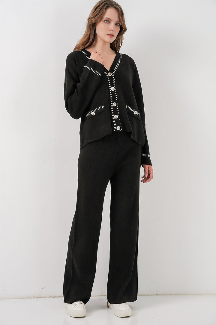 BGD Women Women's Embroidered Knit Cardigan Pants Set 15963 - Black - Villa Victoria