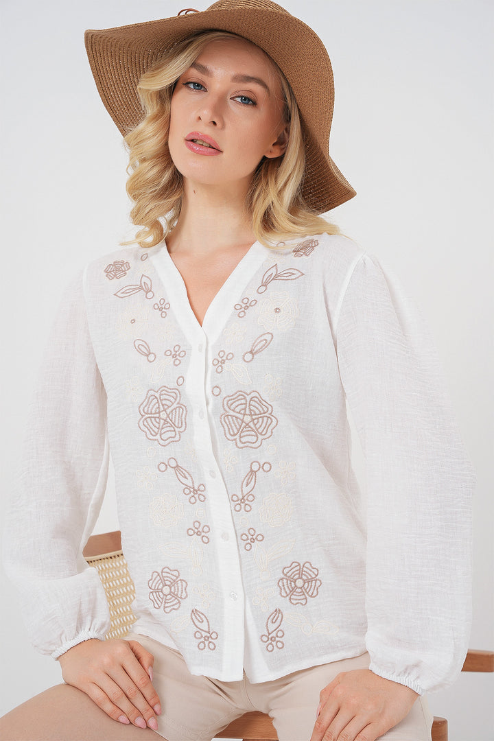 BGD Women Woman Embroidered Long Sleeve Blouse 963 - Brown - Smethwick
