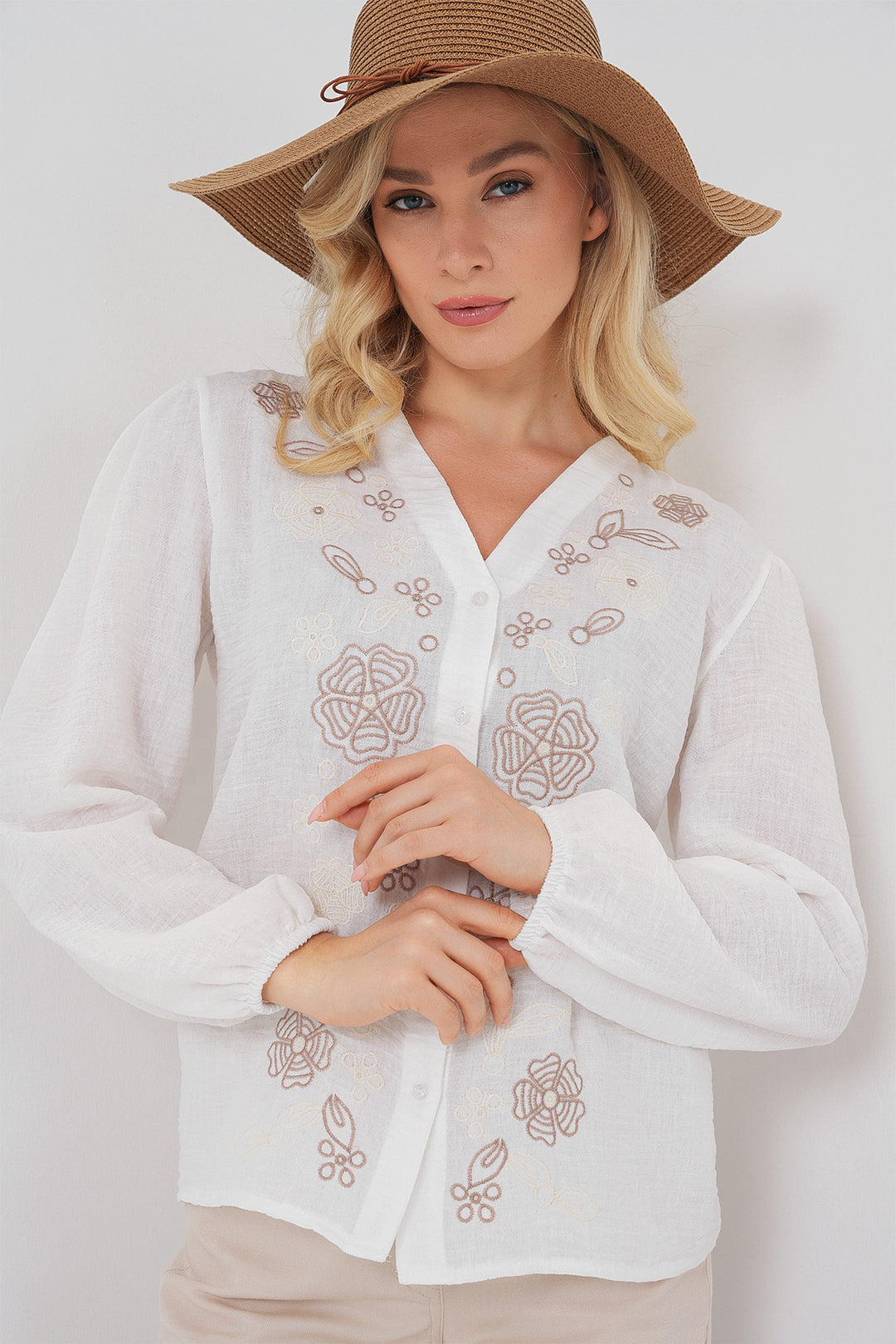 BGD Women Woman Embroidered Long Sleeve Blouse 963 - Brown - Smethwick