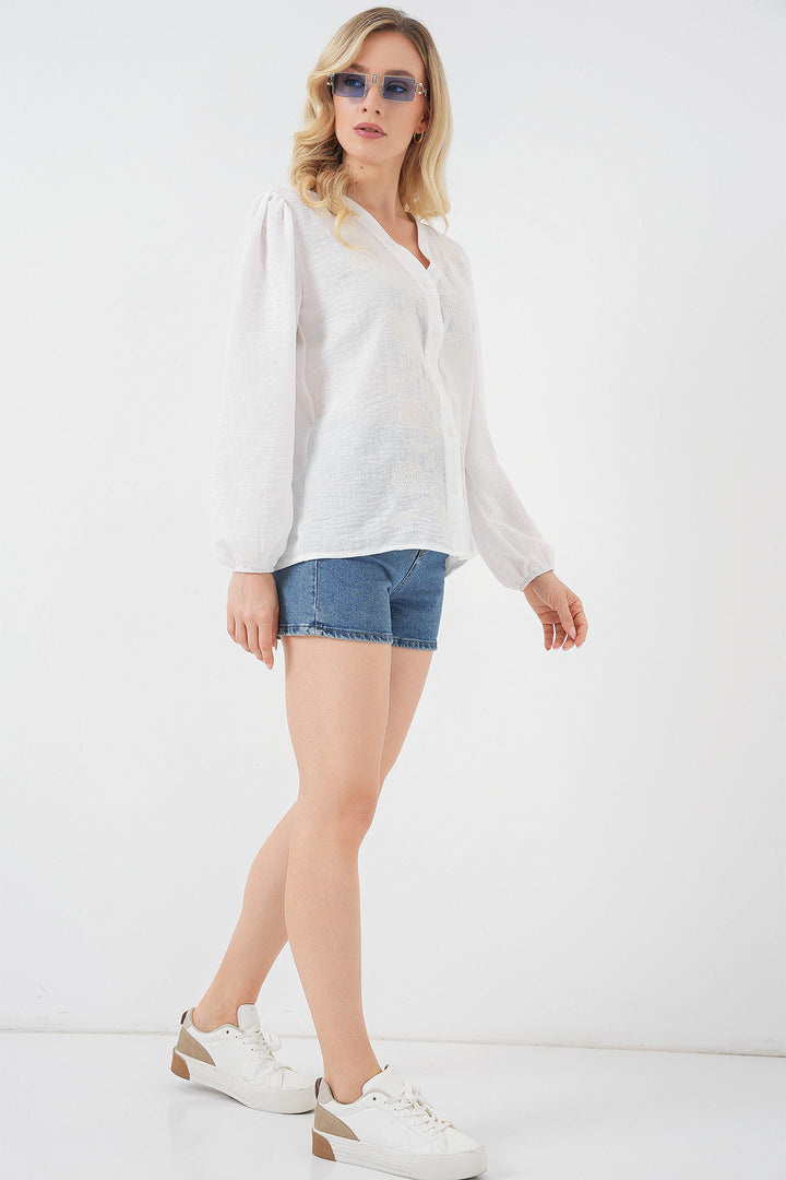 BGD Women Woman Embroidered Long Sleeve Blouse 963 - Cream - Matehuala