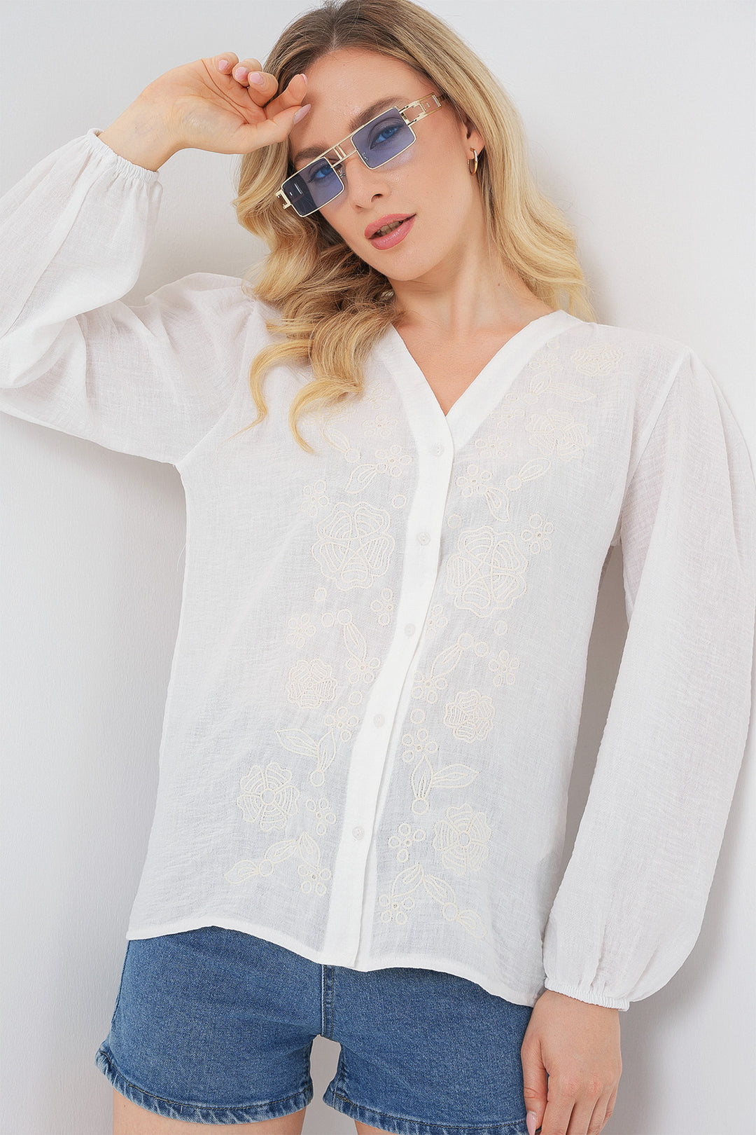 BGD Women Woman Embroidered Long Sleeve Blouse 963 - Cream - Matehuala