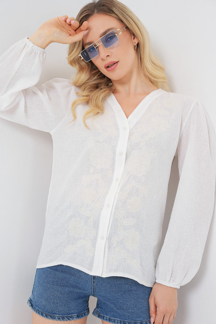 BGD Women Woman Embroidered Long Sleeve Blouse 963 - Cream - Matehuala