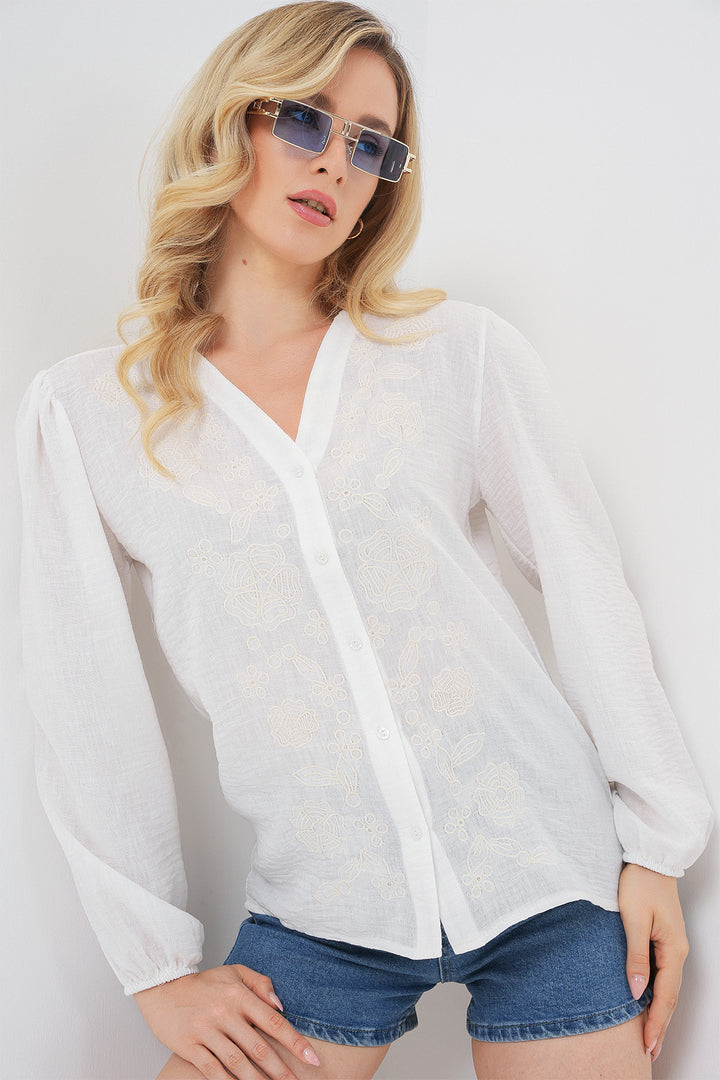 BGD Women Woman Embroidered Long Sleeve Blouse 963 - Cream - Matehuala