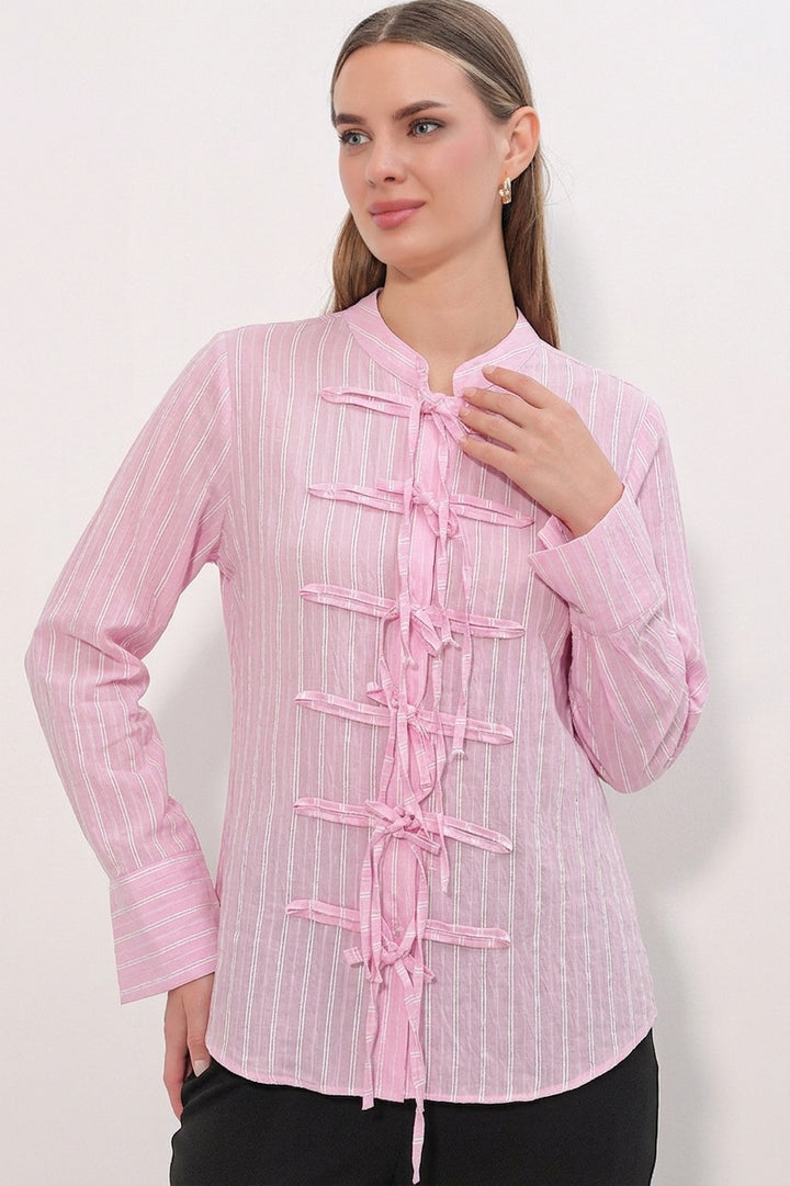 BGD Women Kadın Önden Bağlamalı Çizgili Gömlek 20404 - Pembe - Valdosta