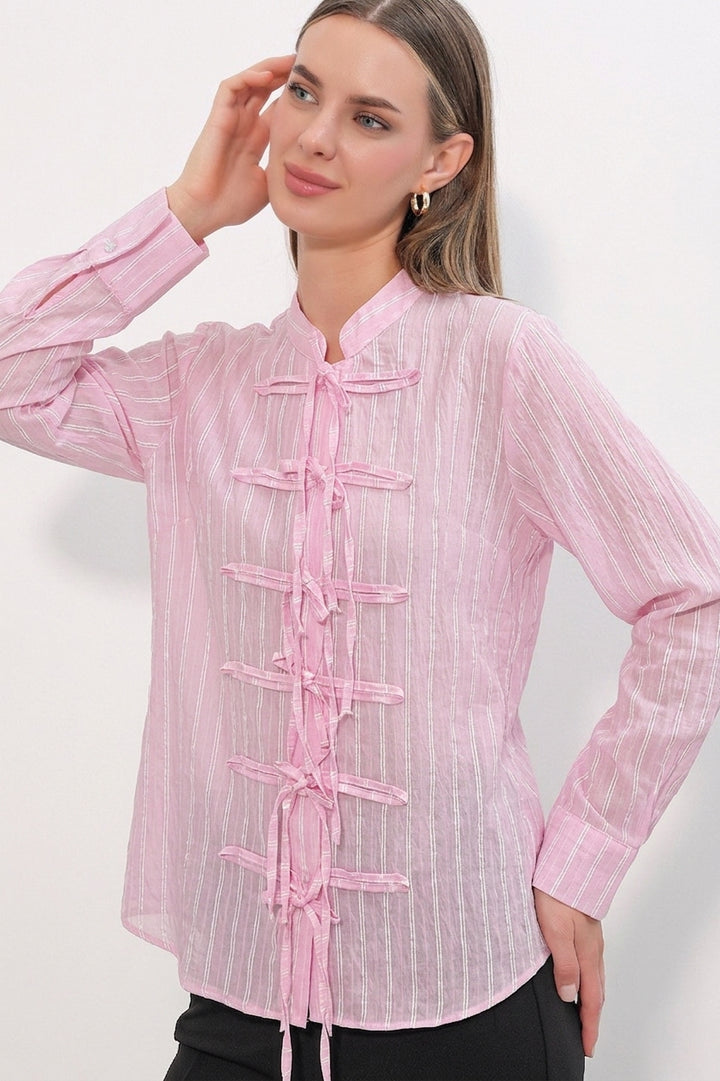 BGD Women Kadın Önden Bağlamalı Çizgili Gömlek 20404 - Pembe - Valdosta