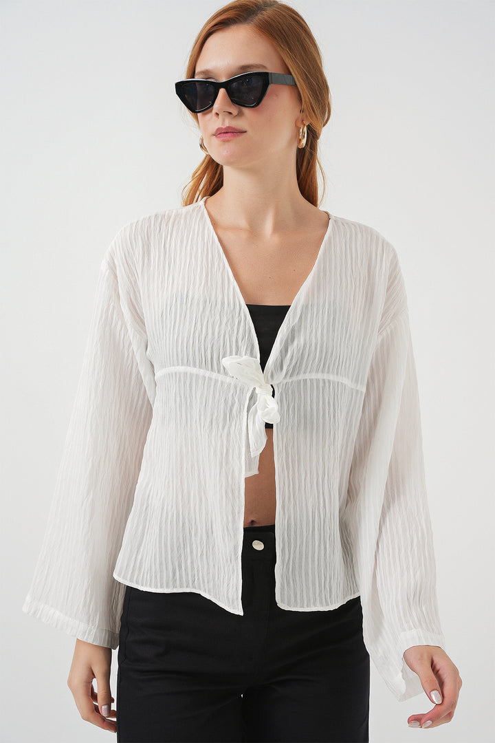 BGD Women Women's Front Lace-Up Blouse 952 - White - Wollongong