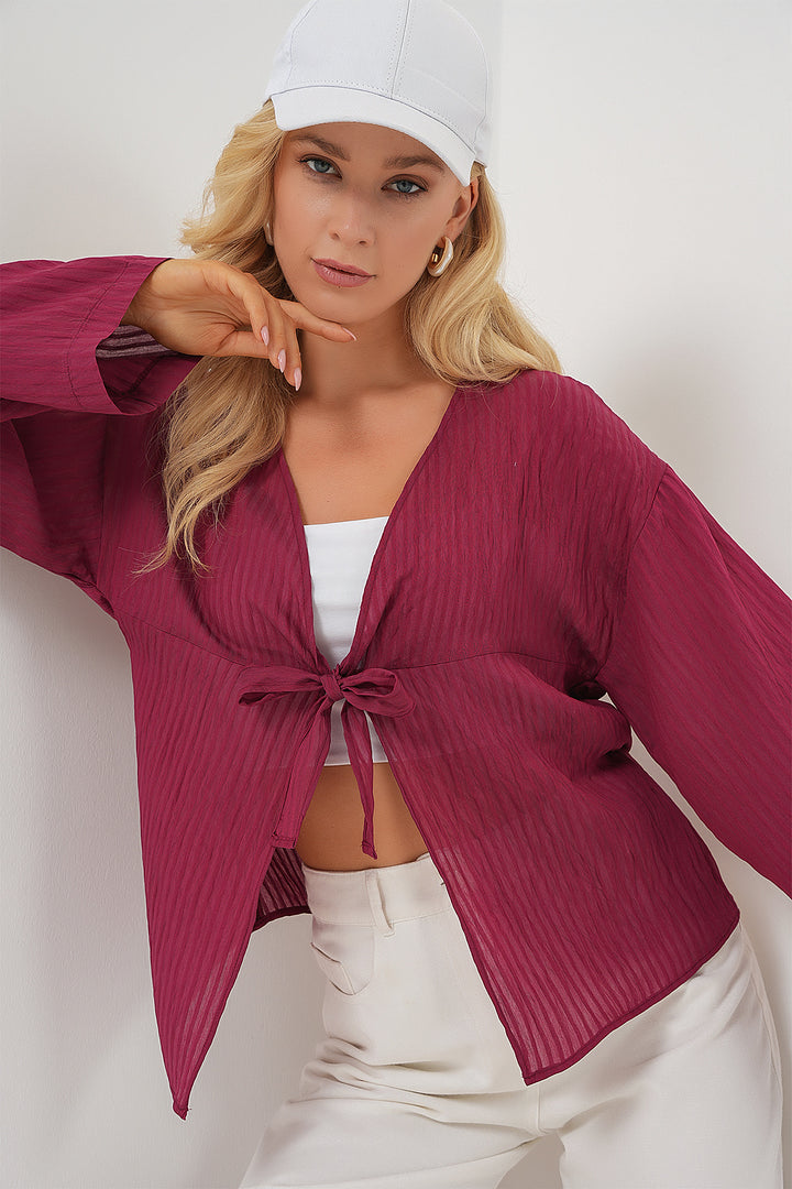 BGD Women Women's Front Lace-Up Blouse 952 - Burgundy - Bunbury
