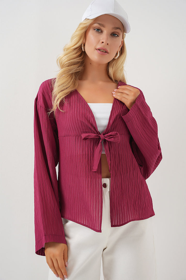 BGD Women Women's Front Lace-Up Blouse 952 - Burgundy - Bunbury