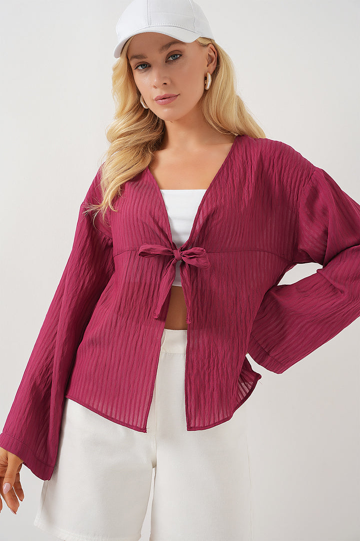 BGD Women Women's Front Lace-Up Blouse 952 - Burgundy - Bunbury