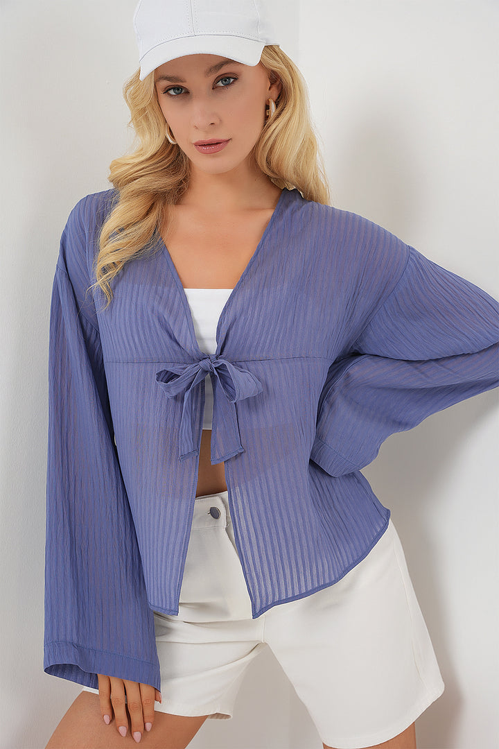 BGD Women Women's Front Lace-Up Blouse 952 - Indigo - Moita
