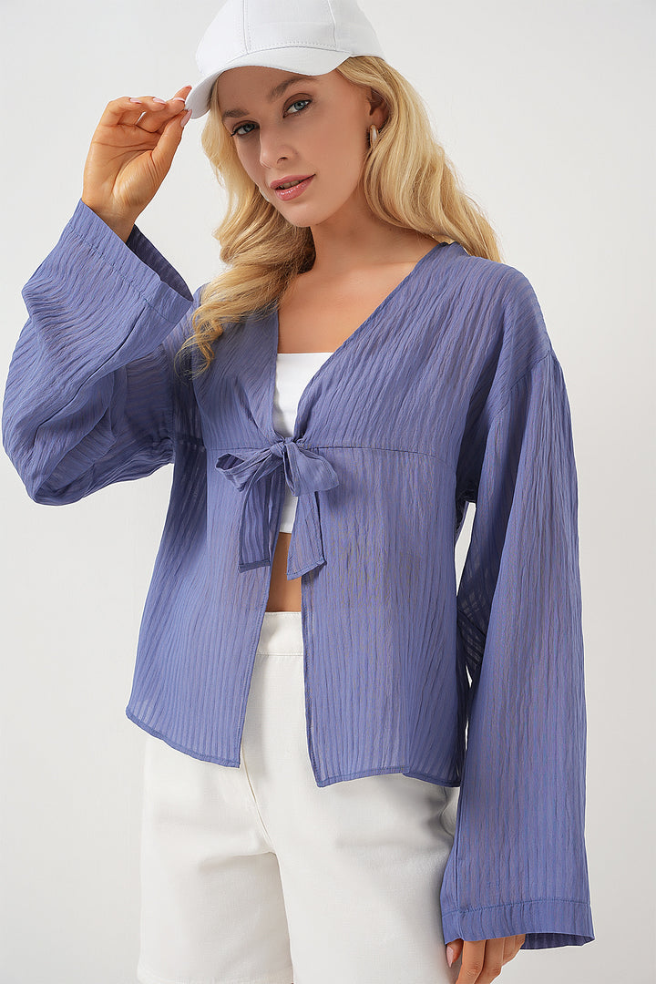 BGD Women Women's Front Lace-Up Blouse 952 - Indigo - Moita