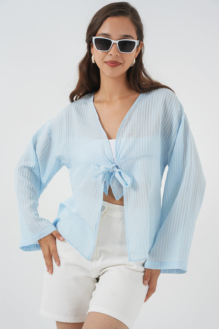 BGD Women Women's Front Lace-Up Blouse 952 - Blue - Badajoz