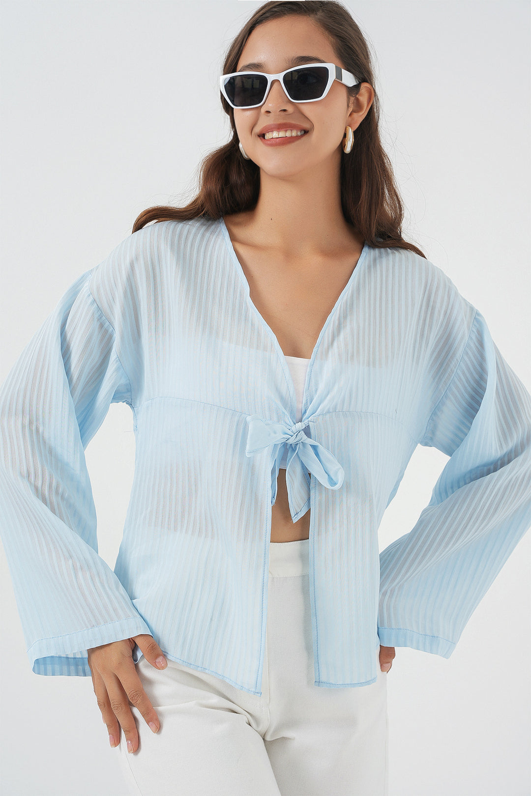 BGD Women Women's Front Lace-Up Blouse 952 - Blue - Badajoz