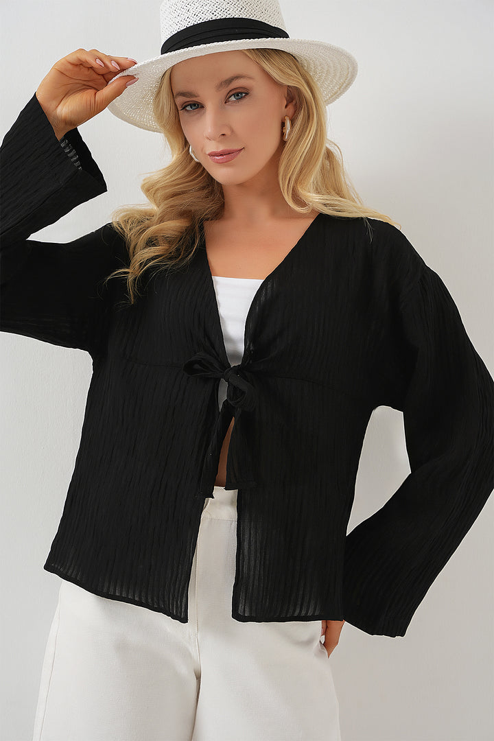 BGD Women Women's Front Lace-Up Blouse 952 - Black - Deltona
