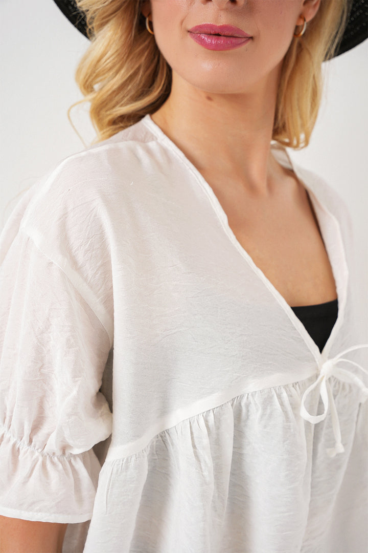 BGD Women Woman Front Laced Short Sleeve Blouse 962 - White - Chicoutimi