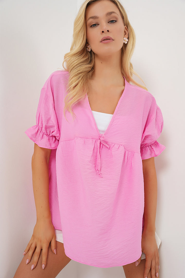 BGD Women Woman Front Laced Short Sleeve Blouse 962 - Pink - Herten