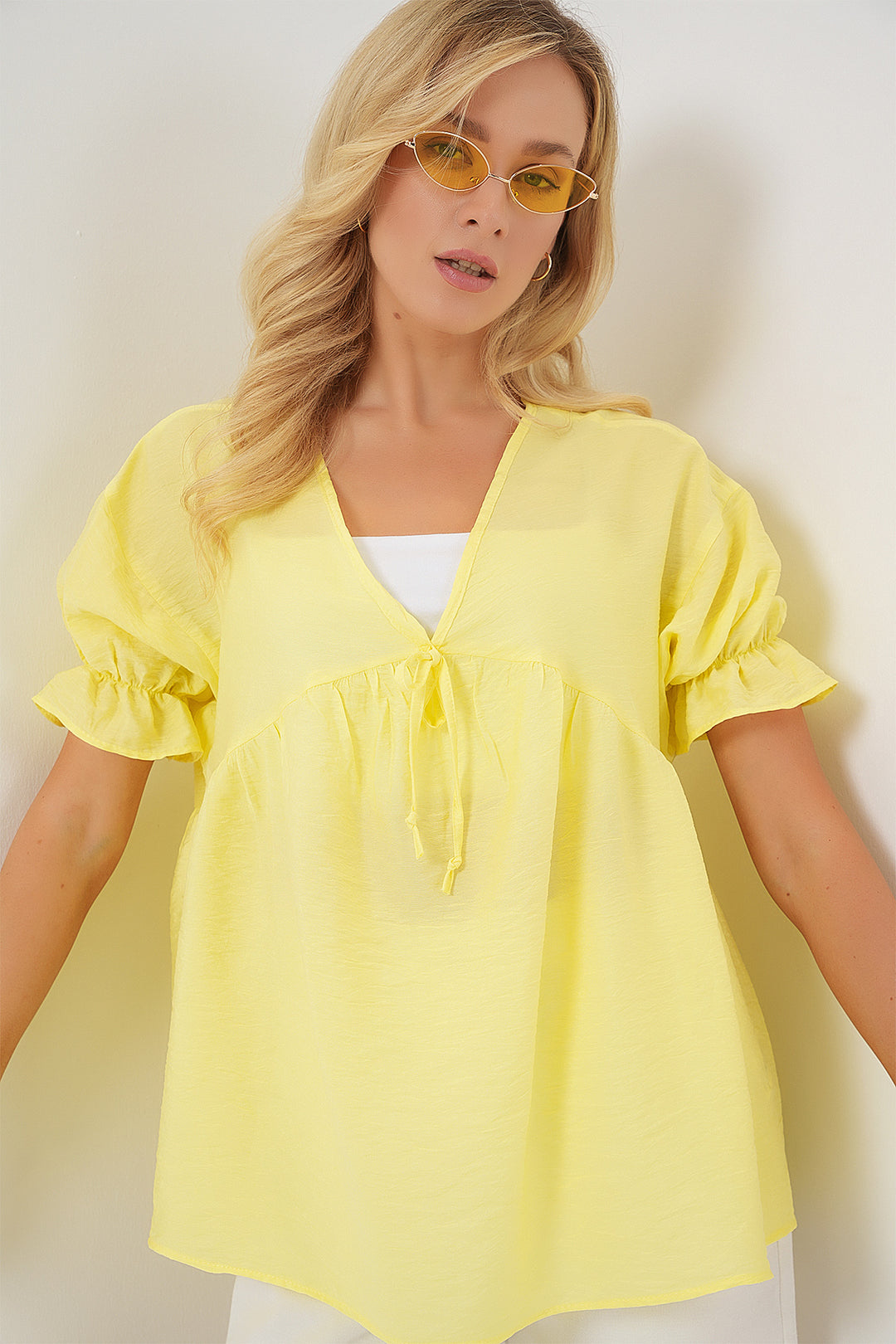 BGD Women Women's Front Lace Short Sleeve Blouse 962 - Yellow - Winter Haven