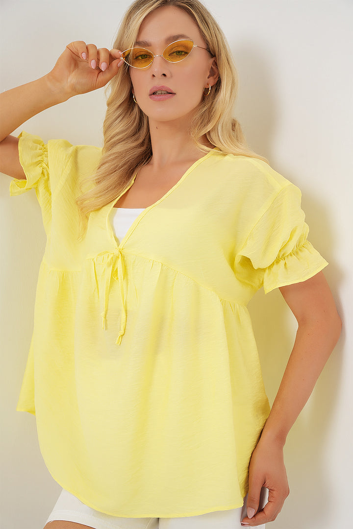 BGD Women Women's Front Lace Short Sleeve Blouse 962 - Yellow - Winter Haven