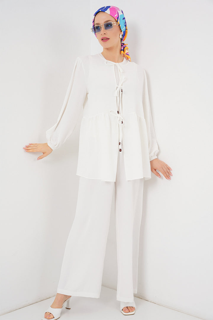BGD Women Women's Front Lace-Up Tunic Pants Set 6744 - White - Graz