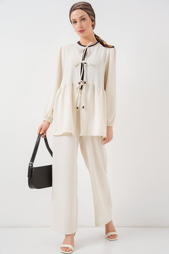 BGD Women Women's Front Lace-Up Tunic Pants Set 6744 - Ecru - Montgomery Village