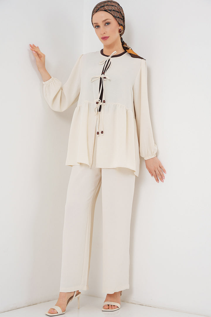 BGD Women Women's Front Lace-Up Tunic Pants Set 6744 - Ecru - Montgomery Village