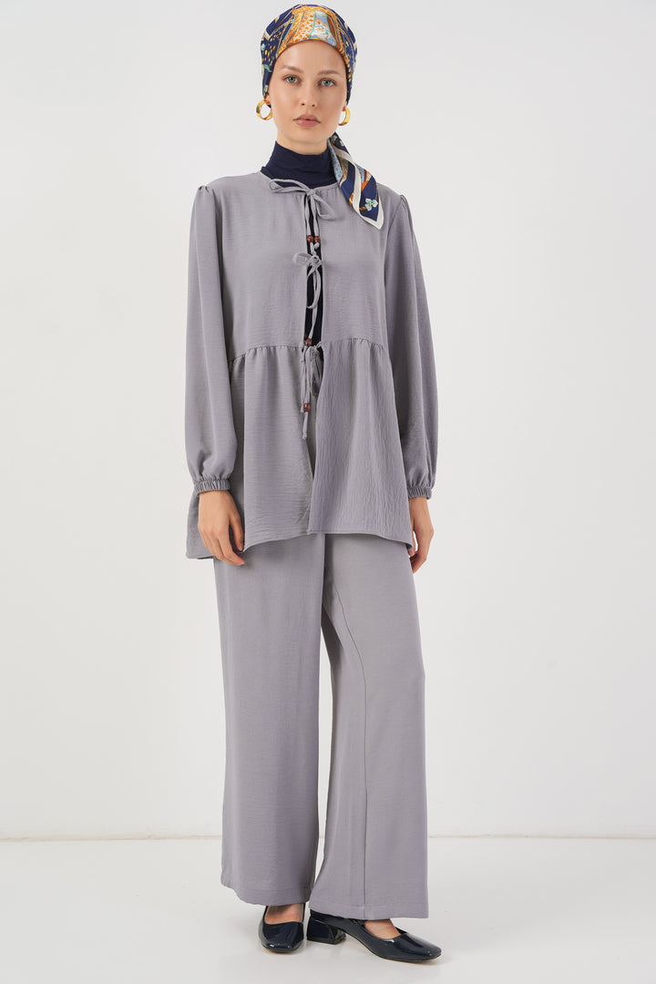 BGD Women Women's Front Lace-Up Tunic Pants Set 6744 - Gray - Bracknell