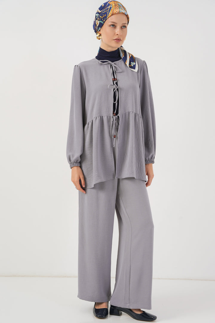 BGD Women Women's Front Lace-Up Tunic Pants Set 6744 - Gray - Bracknell