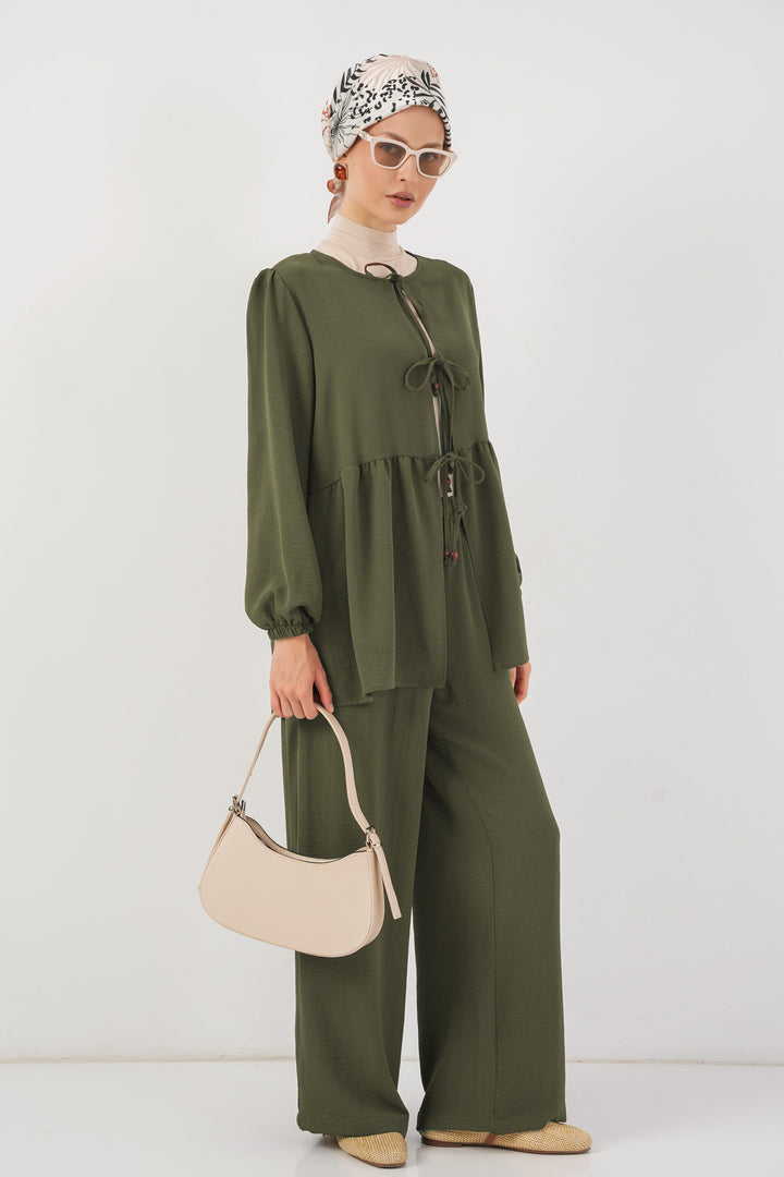 BGD Women Women's Front Lace-Up Tunic Pants Set 6744 - Khaki - Chatham