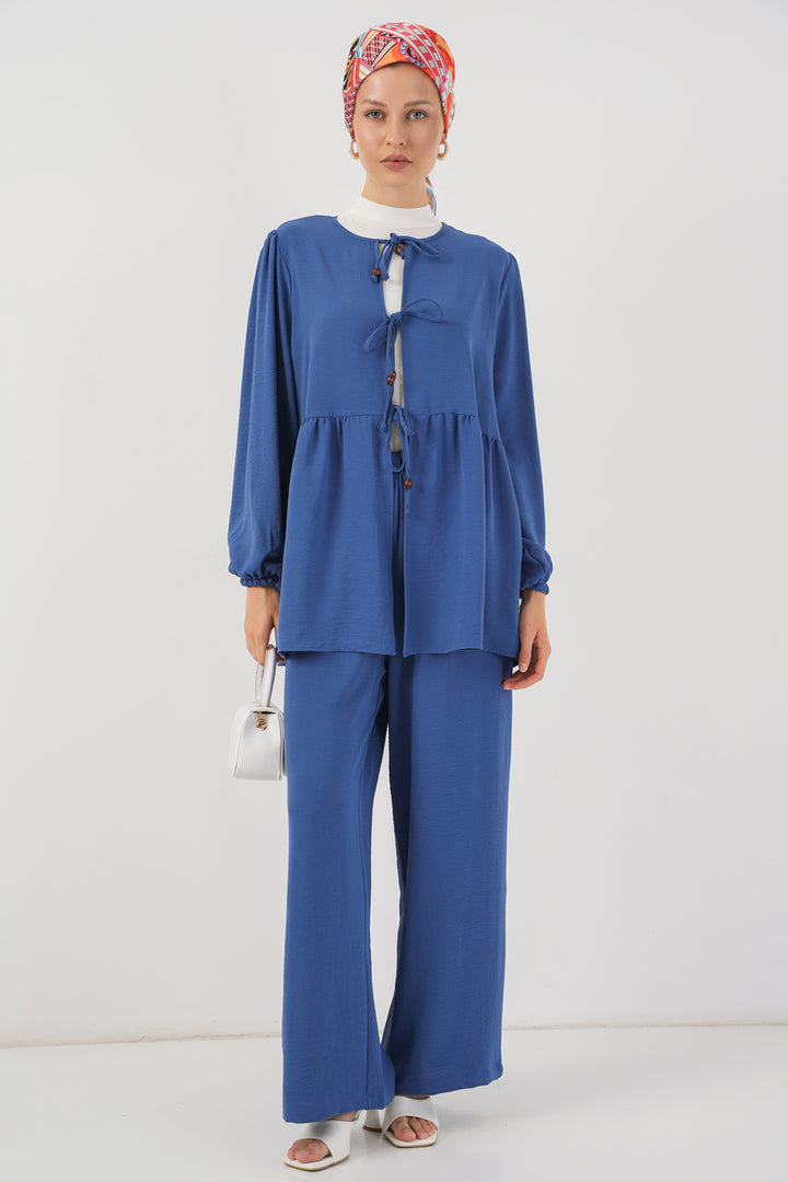 BGD Women Women's Front Lace-Up Tunic Pants Set 6744 - Indigo - Aurora
