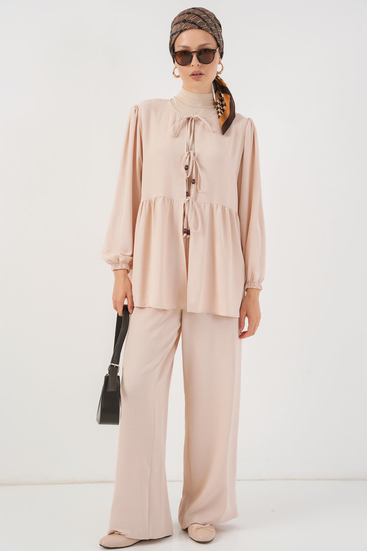 BGD Women Women's Front Lace-Up Tunic Pants Set 6744 - Cream - Tepotzotlán