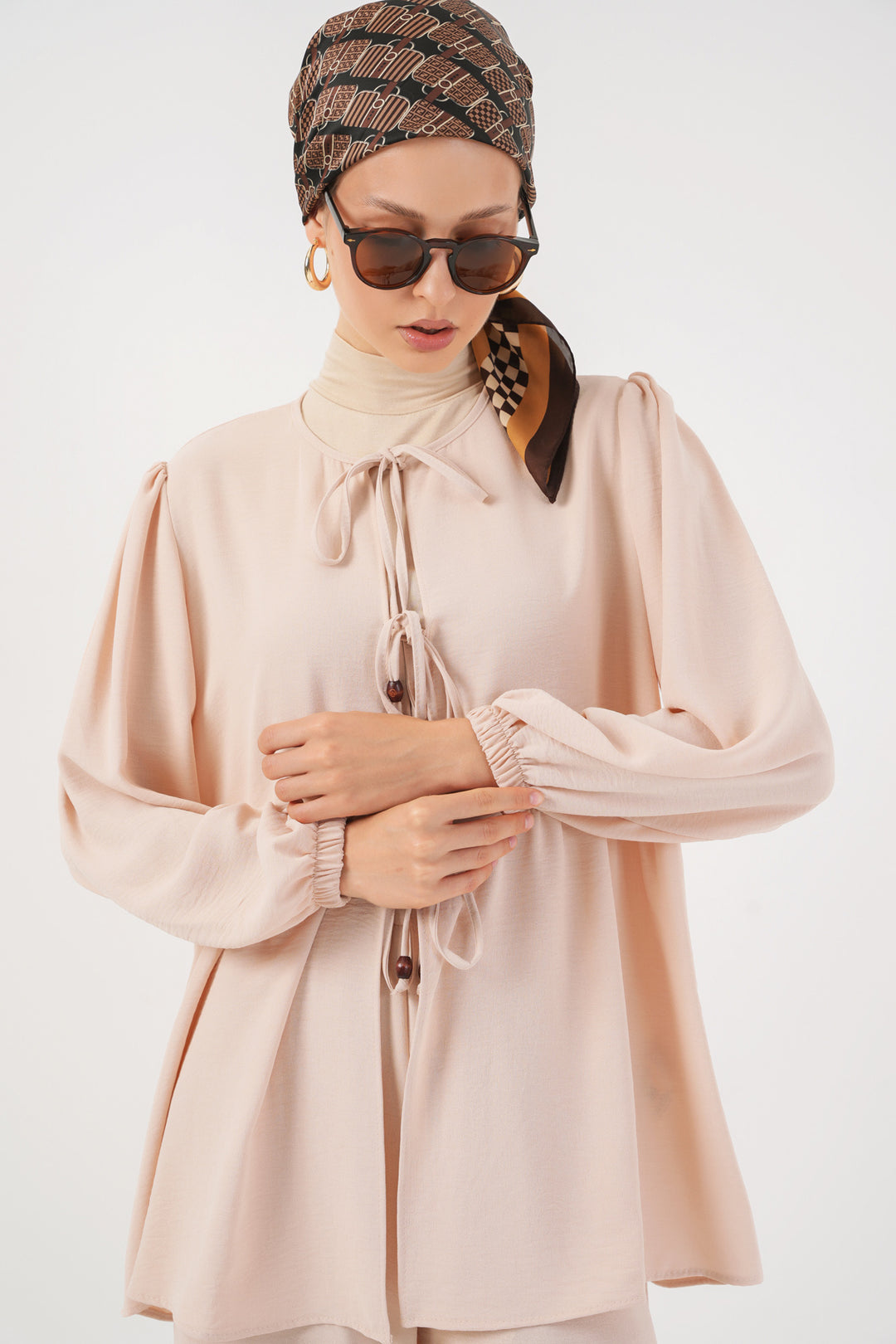 BGD Women Women's Front Lace-Up Tunic Pants Set 6744 - Cream - Tepotzotlán