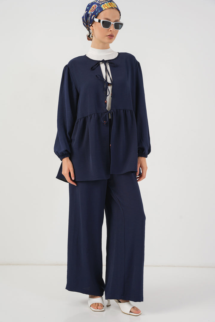 BGD Women Women's Front Lace-Up Tunic Pants Set 6744 - Navy Blue - Cedar City