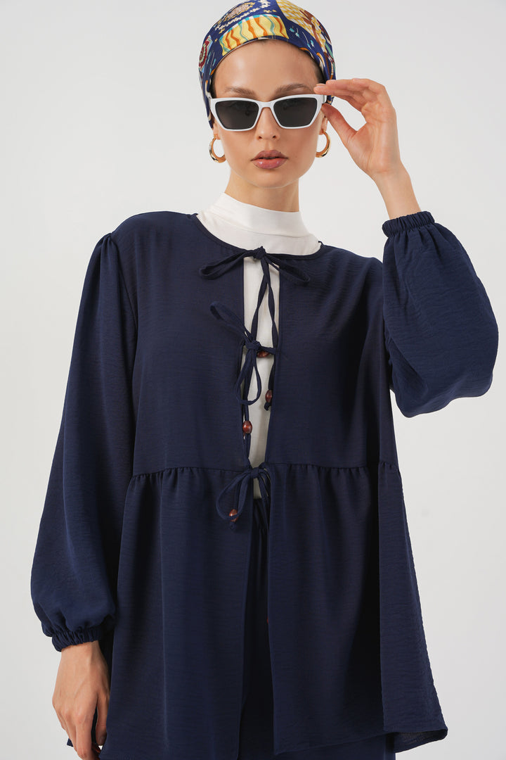 BGD Women Women's Front Lace-Up Tunic Pants Set 6744 - Navy Blue - Cedar City