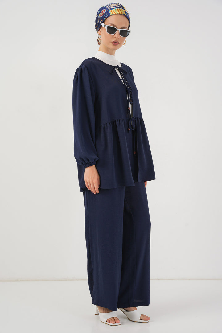 BGD Women Women's Front Lace-Up Tunic Pants Set 6744 - Navy Blue - Cedar City