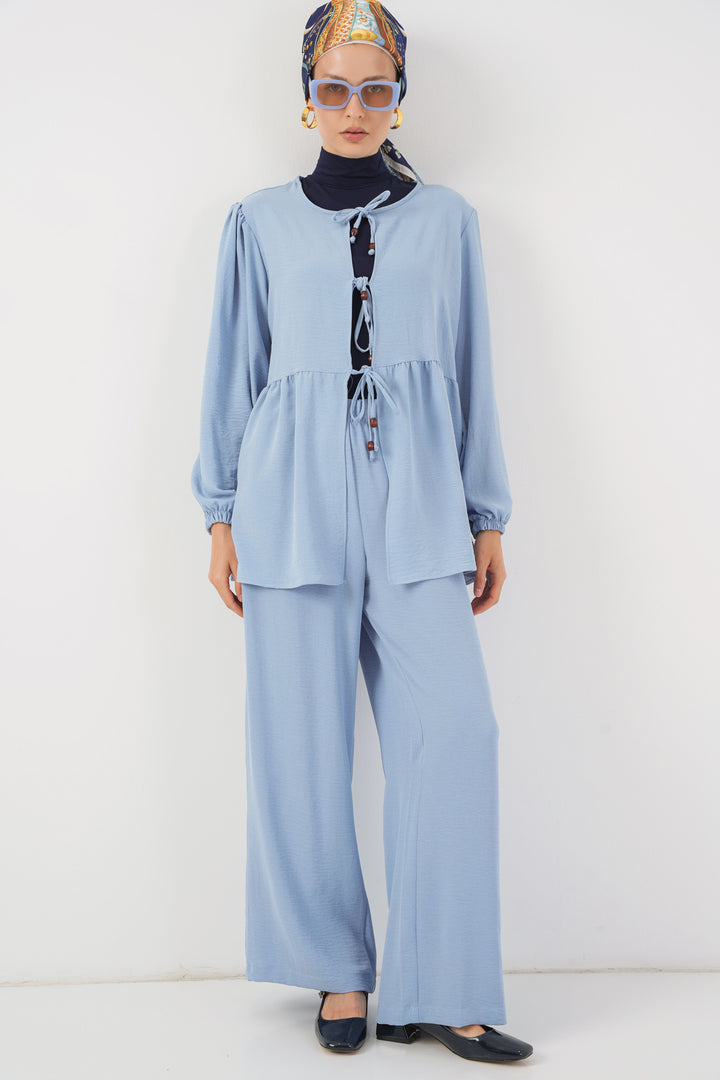 BGD Women Women's Front Lace-Up Tunic Pants Set 6744 - Blue - Nanaimo