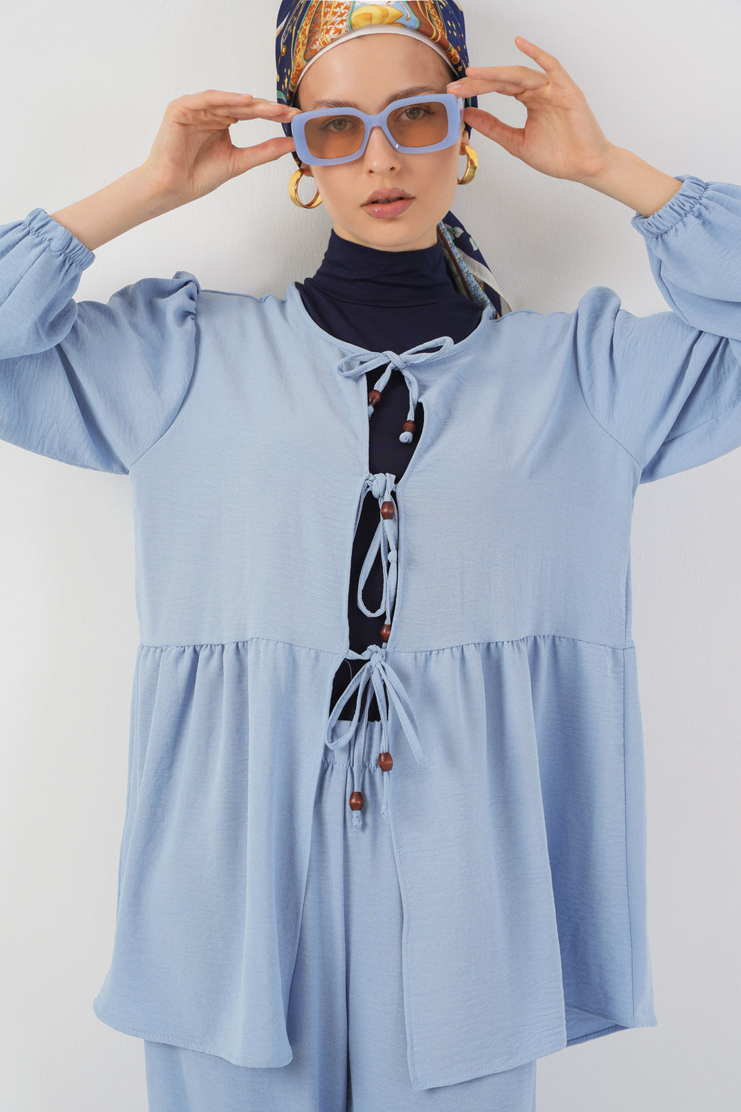 BGD Women Women's Front Lace-Up Tunic Pants Set 6744 - Blue - Nanaimo