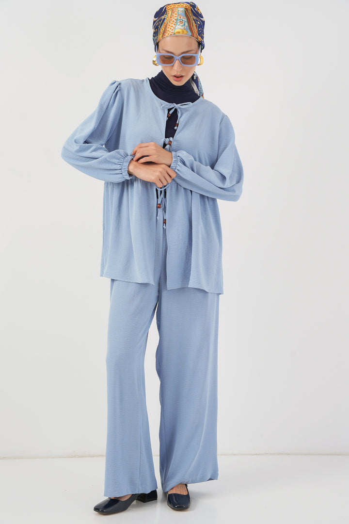 BGD Women Women's Front Lace-Up Tunic Pants Set 6744 - Blue - Nanaimo