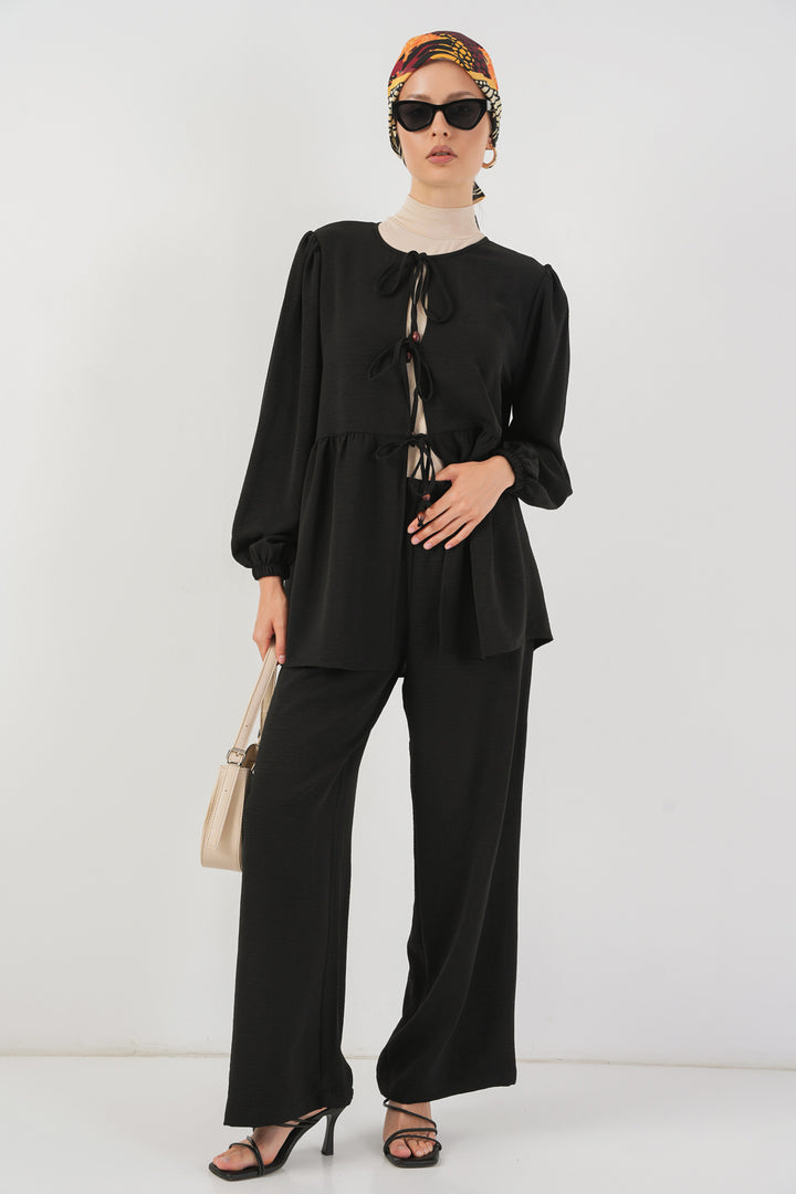 BGD Women Women's Front Lace-Up Tunic Pants Set 6744 - Black - Dovzhansk
